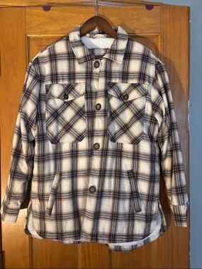 Plaid Button-Up Shacket in Cream and Black